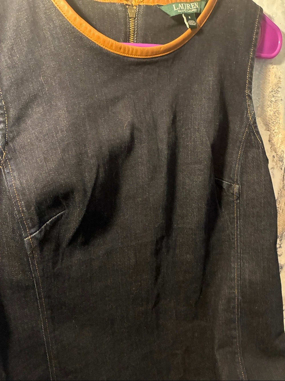 NWOT Lauren Ralph Lauren Black Denim Shift Dress with Genuine Leather  Neck Trim - Picture 10 of 15
